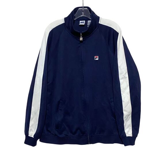 Fila Logo Track Jacket Full Zipper Navy Blue White Striped Sleeve Mens Large L - Picture 1 of 10